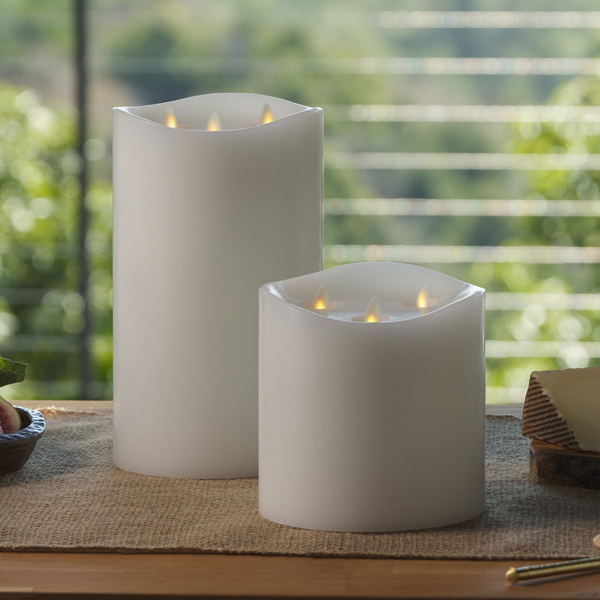 Luminara White Flameless Candle Tri-Flame Grand Pillar - Melted Top