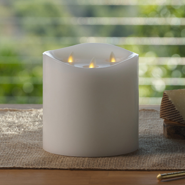 Luminara White Flameless Candle Tri-Flame Grand Pillar - Melted Top