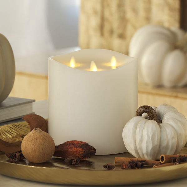 luminara White Flameless Candle Tri-Flame Grand Pillar - Melted Top