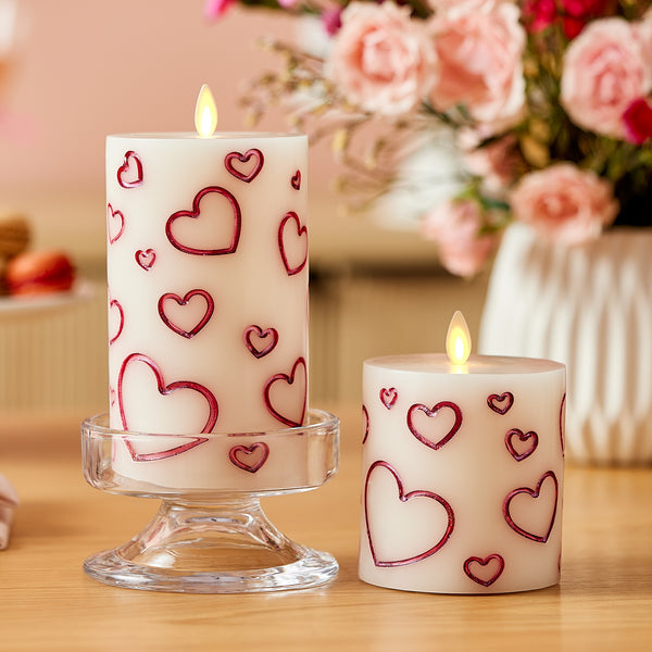 Luminara White Porcelain With Metallic Raspberry Hearts Flameless Candle Pillar