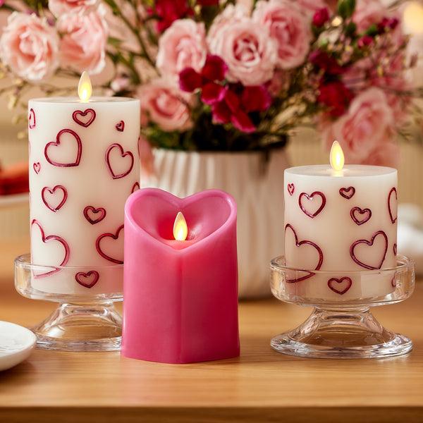 Luminara White Porcelain With Metallic Raspberry Hearts Flameless Candle Pillar
