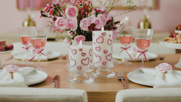 Luminara White Porcelain With Metallic Raspberry Hearts Flameless Candle Pillar