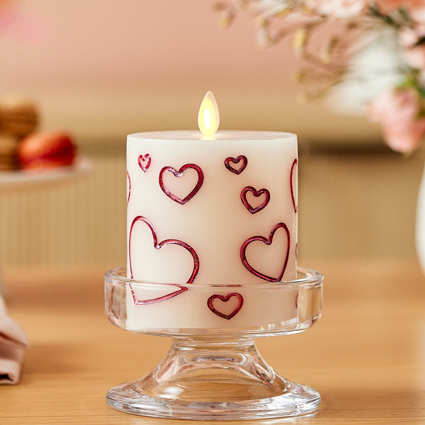 luminara White Porcelain with Metallic Raspberry Hearts Flameless Candle Pillar