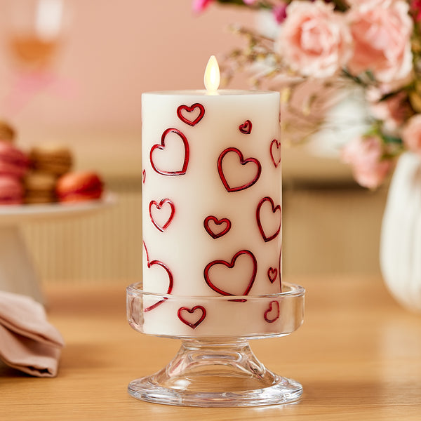 Luminara White Porcelain With Metallic Red Hearts Flameless Candle Pillar