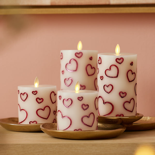 Luminara White Porcelain With Metallic Red Hearts Flameless Candle Pillar