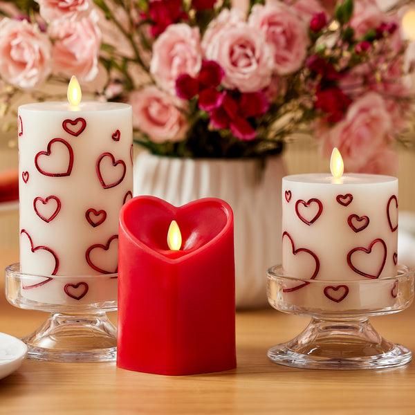 Luminara White Porcelain With Metallic Red Hearts Flameless Candle Pillar