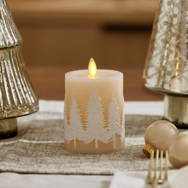 luminara White Swan Embossed Trees Flameless Candle Pillar