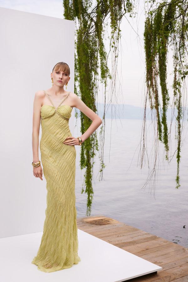 Lunaire Green Oasis - Dokulu Yeşil şifon Maksi Elbise