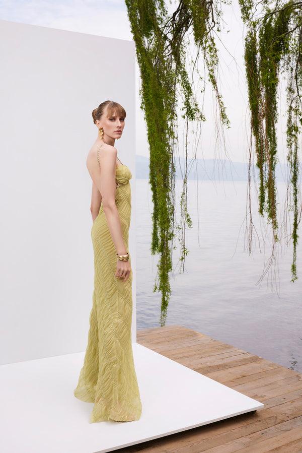 Lunaire Green Oasis - Dokulu Yeşil şifon Maksi Elbise