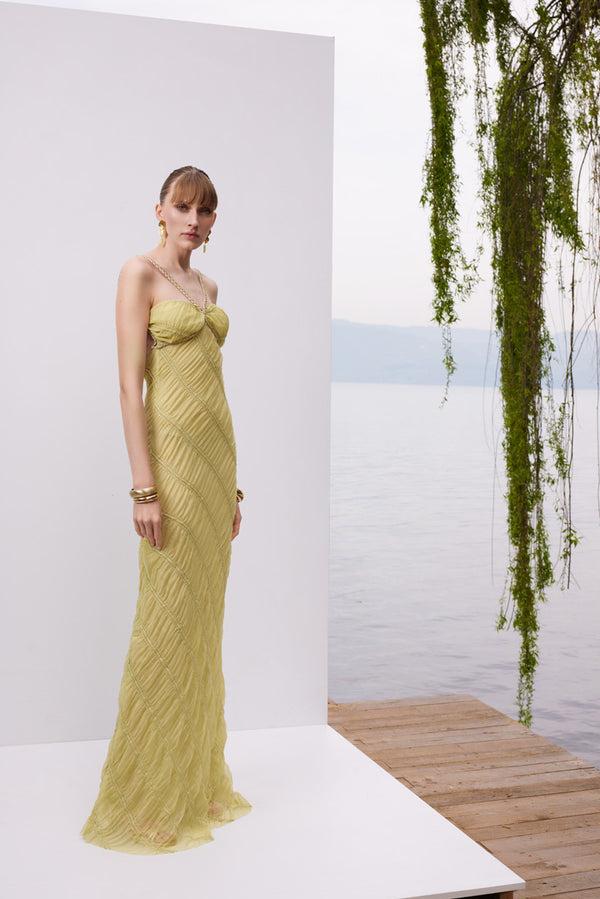 lunaire Green Oasis - Dokulu yeşil şifon maksi elbise