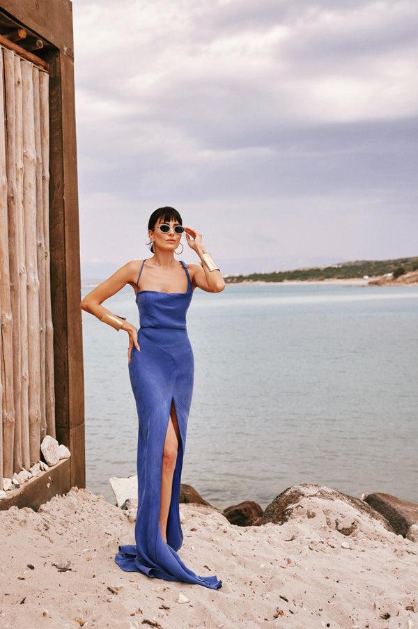 lunaire Victoria -Saks Cupro Degaje Uzun Elbise