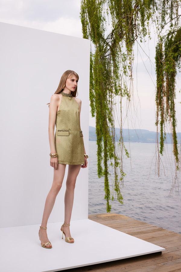 Lunaire Mystic Garden - Dokulu Saten Yeşil Mini Elbise