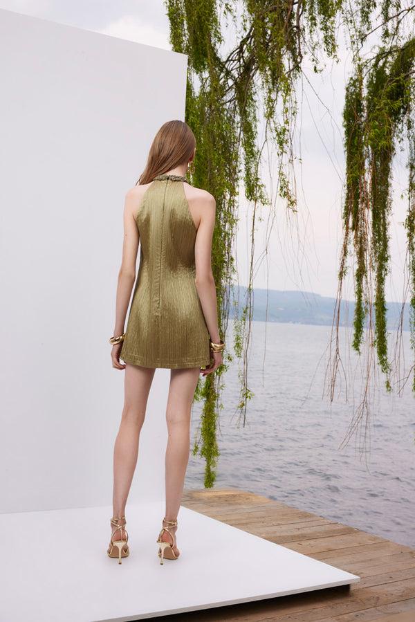Lunaire Mystic Garden - Dokulu Saten Yeşil Mini Elbise