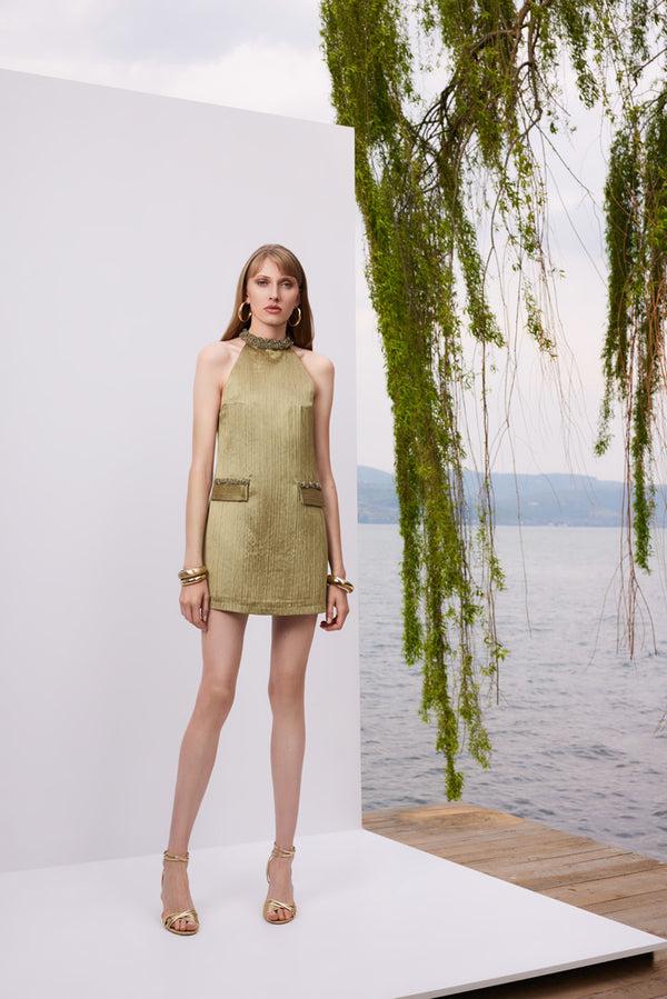 lunaire Mystic Garden - Dokulu saten yeşil mini elbise