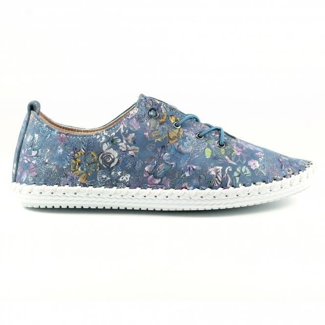 lunar Exbury Blue Floral Leather Plimsoll