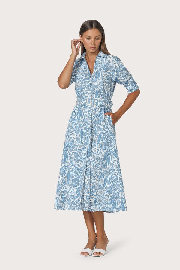 Lusana Chrissie Belted Maxi Poplin Dress In Botanical