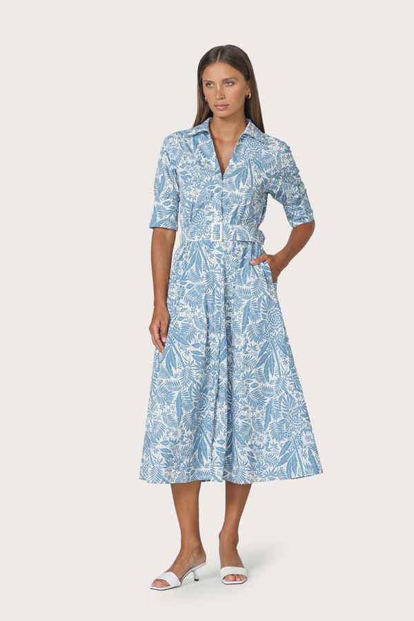 lusana Chrissie Belted Maxi Poplin Dress in Botanical