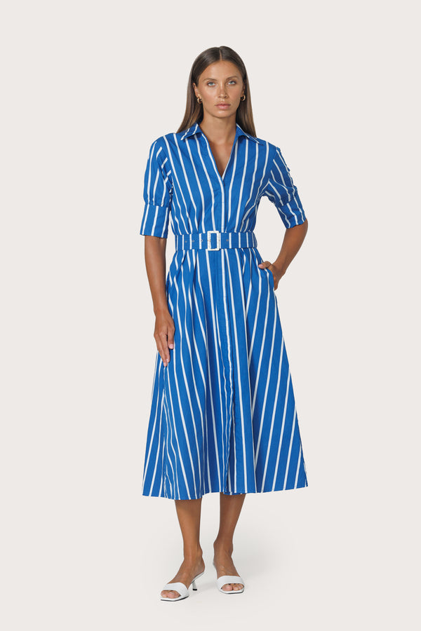Lusana Chrissie Belted Maxi Poplin Dress In Vacay Stripe