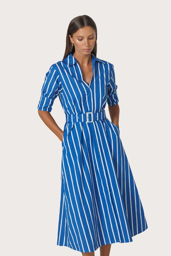 Lusana Chrissie Belted Maxi Poplin Dress In Vacay Stripe
