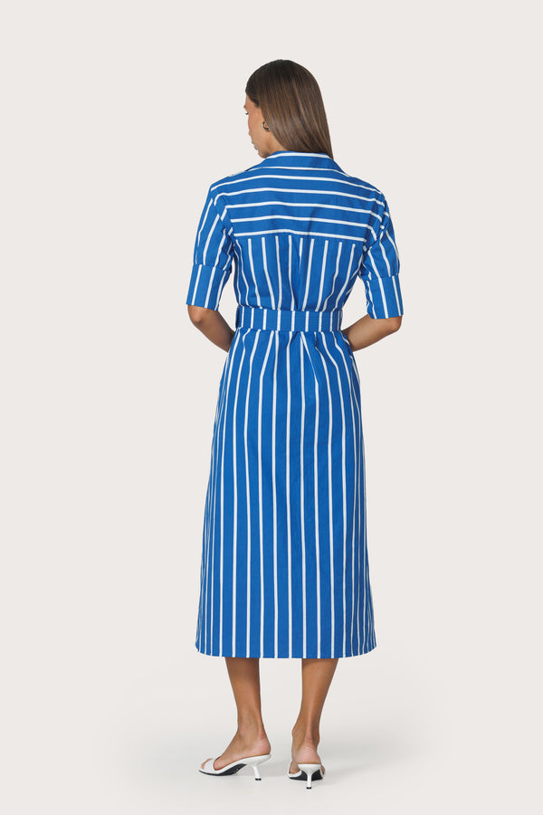 Lusana Chrissie Belted Maxi Poplin Dress In Vacay Stripe