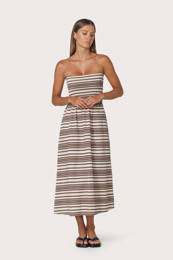 Lusana Dion Strapless Poplin Dress In Beachmark Stripe