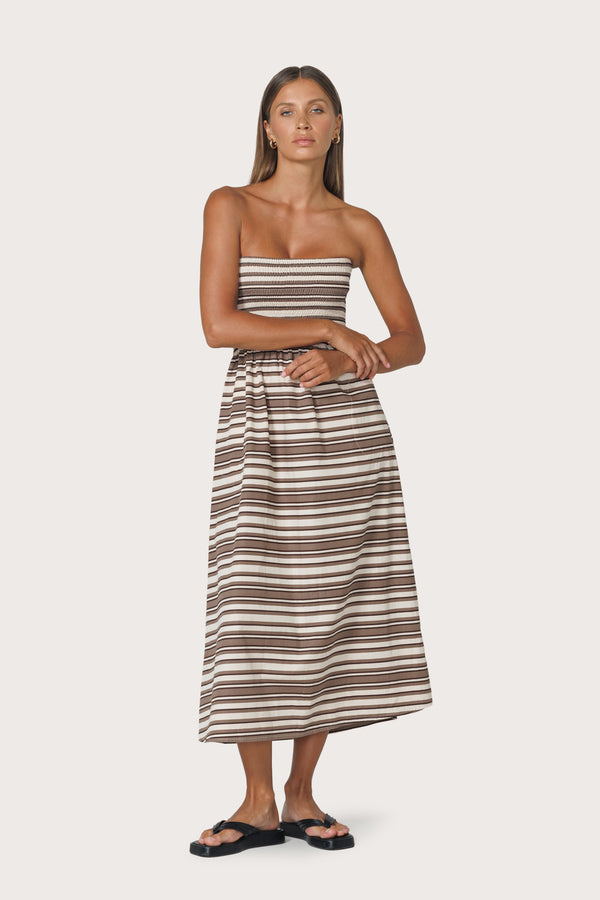Lusana Dion Strapless Poplin Dress In Beachmark Stripe