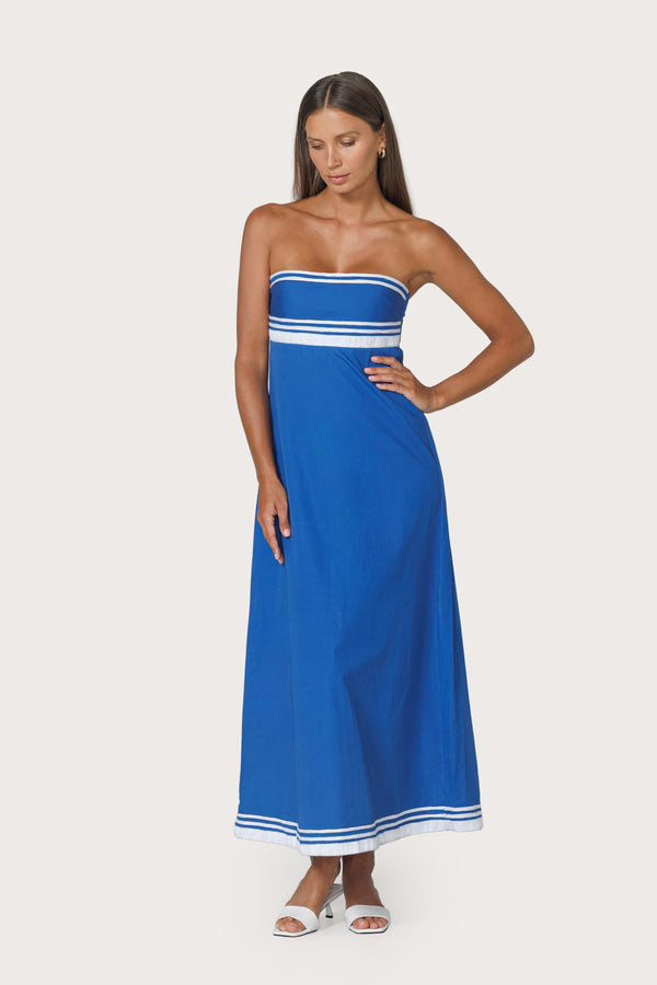 Lusana Etta Embroidered Poplin Dress In Sapphire Stripe