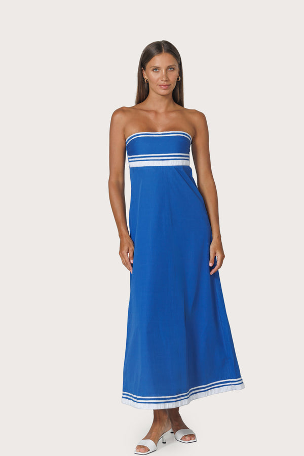 Lusana Etta Embroidered Poplin Dress In Sapphire Stripe