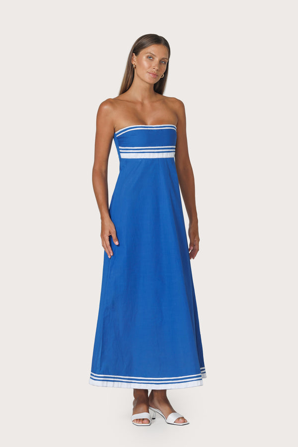 lusana Etta Embroidered Poplin Dress in Sapphire Stripe