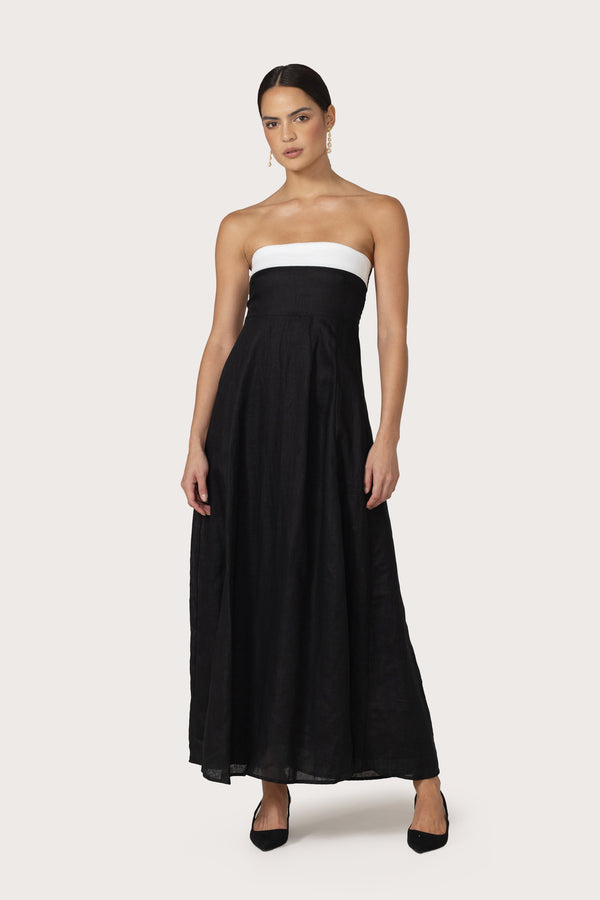 Lusana Alora Maxi Linen Dress In Black White