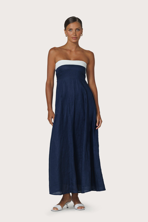 Lusana Alora Strapless Linen Maxi Dress In Navy