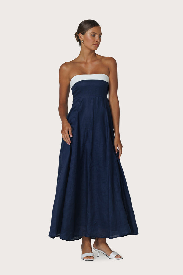 Lusana Alora Strapless Linen Maxi Dress In Navy