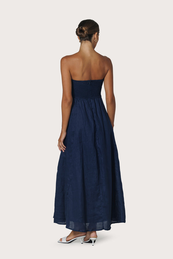 Lusana Alora Strapless Linen Maxi Dress In Navy
