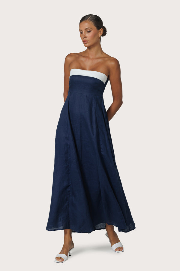 lusana Alora Strapless Linen Maxi Dress in Navy