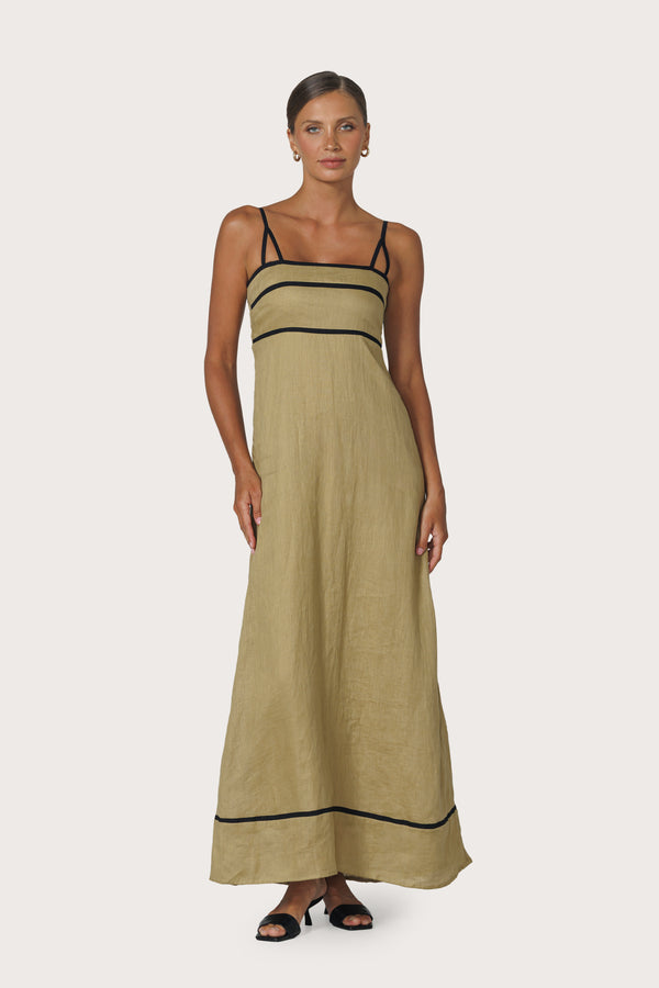 Lusana Candice Contrast Linen Maxi Dress Cafe