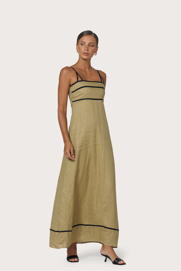Lusana Candice Contrast Linen Maxi Dress Cafe