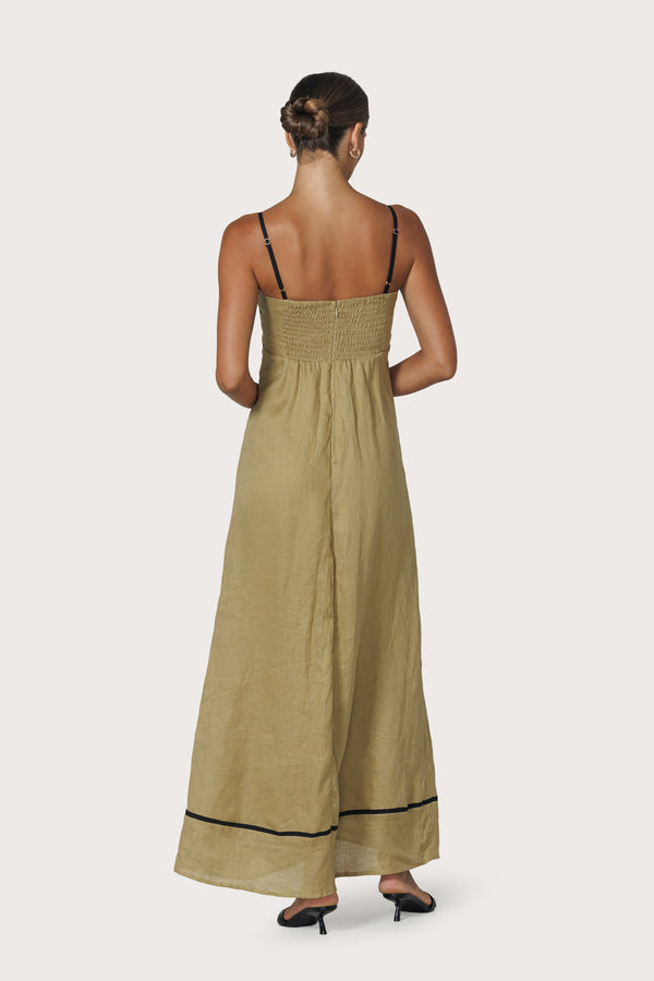 Lusana Candice Contrast Linen Maxi Dress Cafe