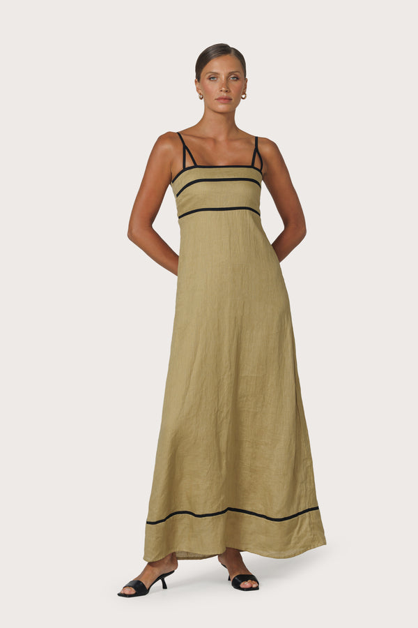 lusana Candice Contrast Linen Maxi Dress Cafe