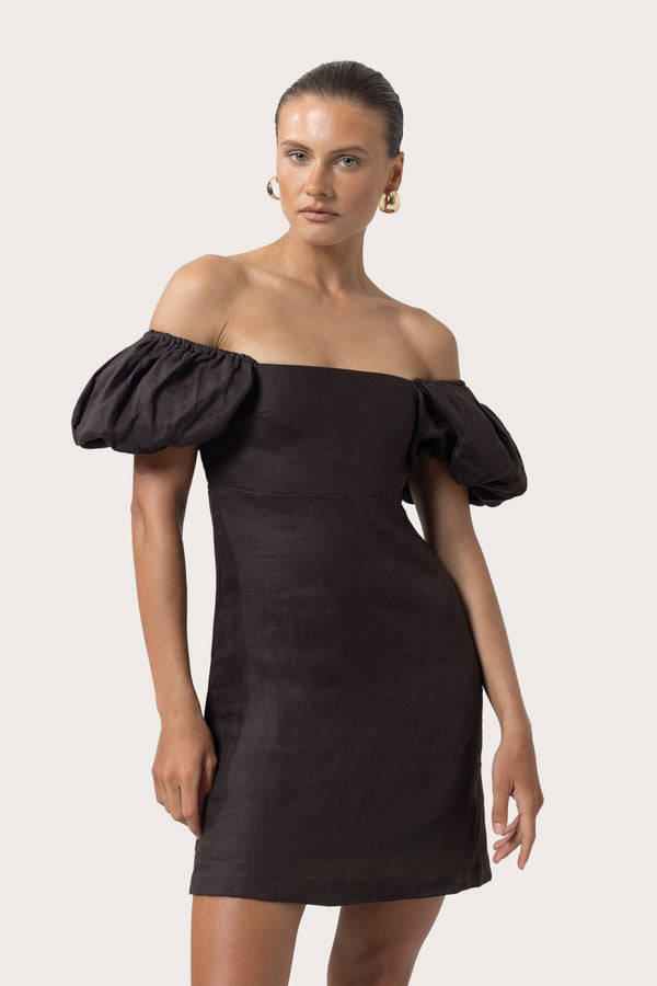 lusana Gracie Linen Mini Dress in Coffee