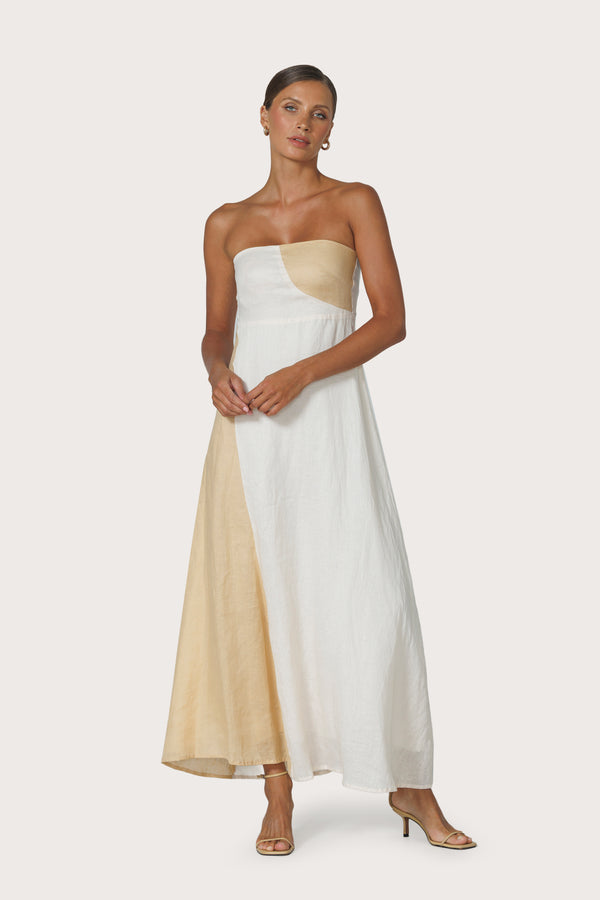 lusana Harlow Contrast Maxi Linen Dress in Chalk