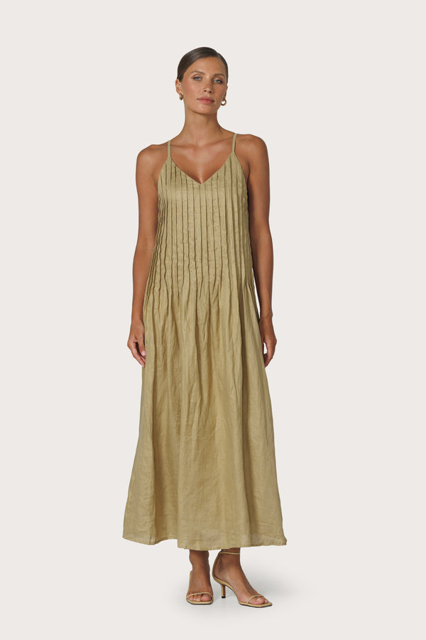 Lusana Marra Pleated Linen Maxi Dress In Cafe
