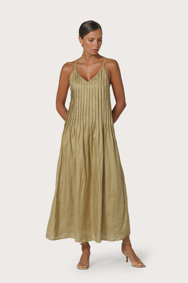 Lusana Marra Pleated Linen Maxi Dress In Cafe