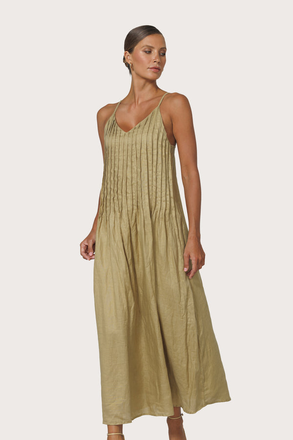 lusana Marra Pleated Linen Maxi Dress in Cafe