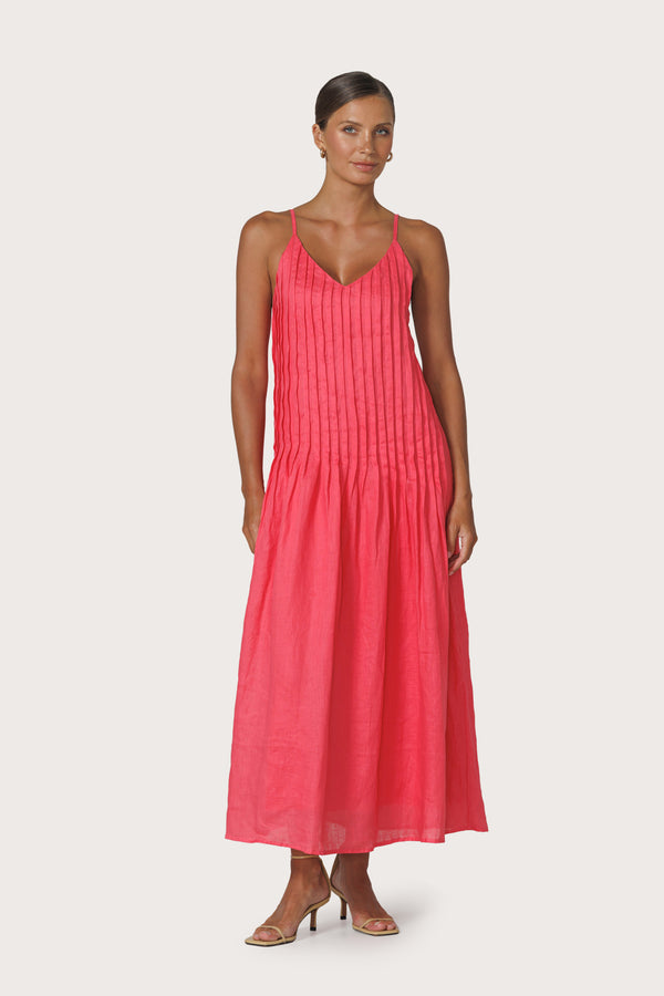 Lusana Marra Pleated Linen Maxi Dress In Melon