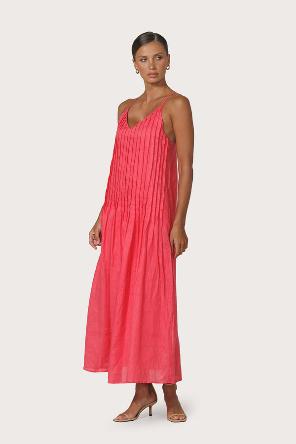Lusana Marra Pleated Linen Maxi Dress In Melon