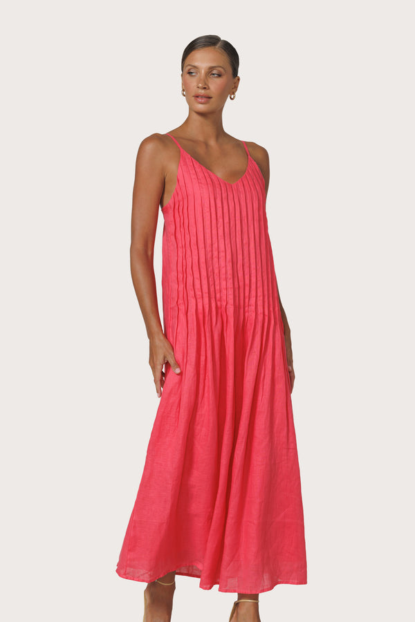 lusana Marra Pleated Linen Maxi Dress in Melon