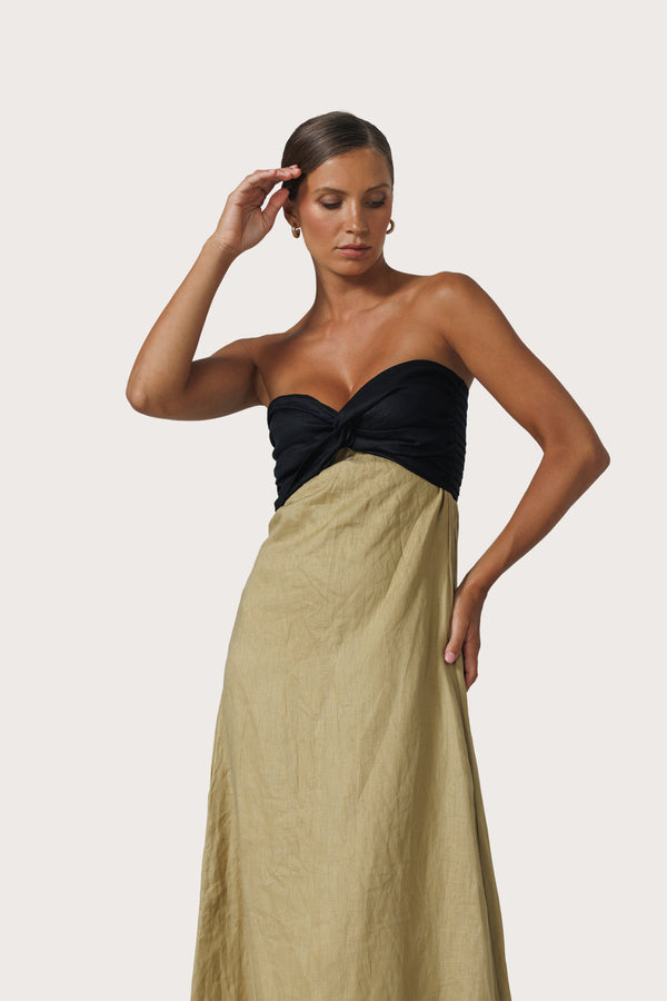 Lusana Melody Contrast Maxi Linen Dress In Cafe