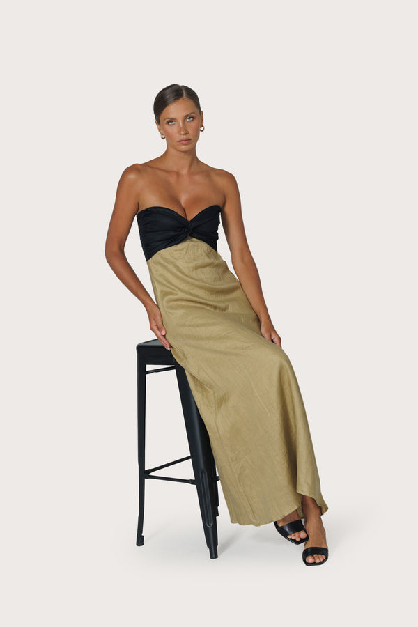 Lusana Melody Contrast Maxi Linen Dress In Cafe