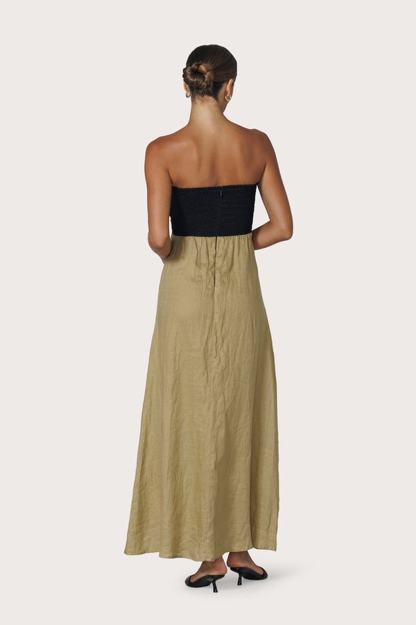 Lusana Melody Contrast Maxi Linen Dress In Cafe