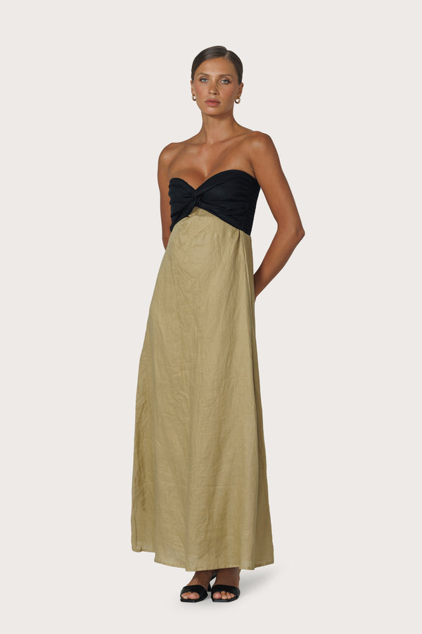 lusana Melody Contrast Maxi Linen Dress in Cafe